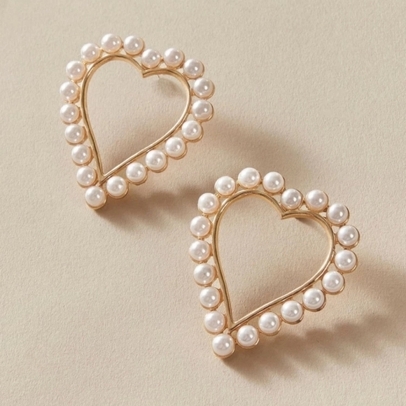 Gold Hoop heart earrings white faux pearl boho drop beaded coquette 💖2/$30 - Picture 9 of 16